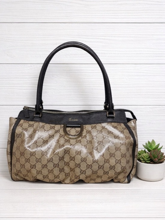 Gucci Handbags - GUCCI Authentic GG Abbey Coated Canvas Tote Bag Leather Trim Handbag Brown COA